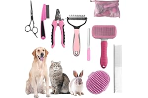 KUEIOX Dog Brush for Shedding,9 PCS in One Pet Slicker Hair Brush Kit with Pet Nail Clipper and File - Dog Cat Grooming Deshedding Undercoat Rake Brush Comb for All Small Large Dogs Cats Pink