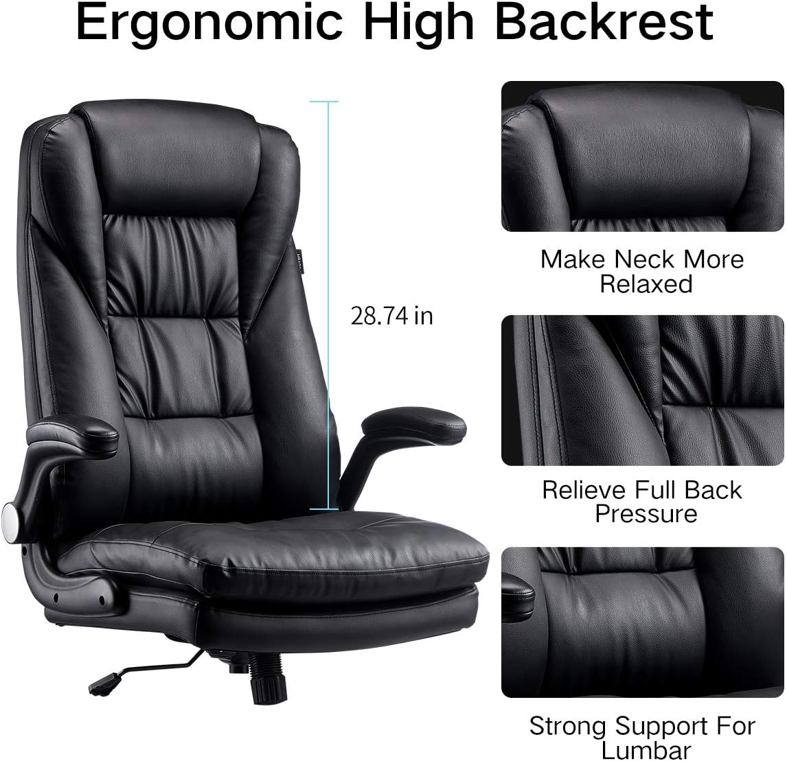 Hbada Ergonomic Executive Office Chair, PU Leather High-Back Desk Chair with Big and Tall Backrest and Cushion, Swivel Rocking Chair with Flip-up Padded Armrest and Adjustable Height, Black: Kitchen & Dining