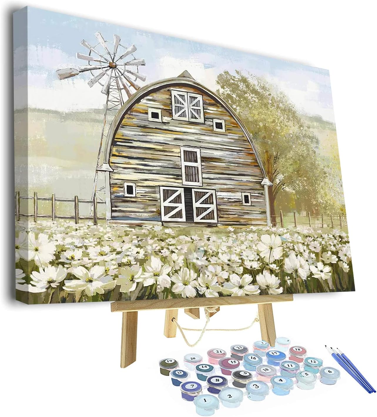 Paintings - TUMOVO White Barn DIY Paint by Numbers for Adults Beginner, Flower Field Paint by Number Kits on Canvas, Wood Texture Windmill Canvas Oil Painting by Number Kit Drawing 16x20inch (Framed)