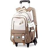 GRUOTEIS Girls Boys Rolling Backpack, Elementary Middle School Kids Bookbag Roller Backpack for Boys Girls with 6 Wheels, Khaki
