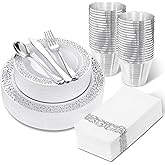 WELLIFE 210pcs Dinnerware Set - Silver Rimmed Plastic Plates Disposable Heavy Duty, Disposable Plastic Plates with Silver Rim, Water-proof, Break-proof, Best Choice for Any Party