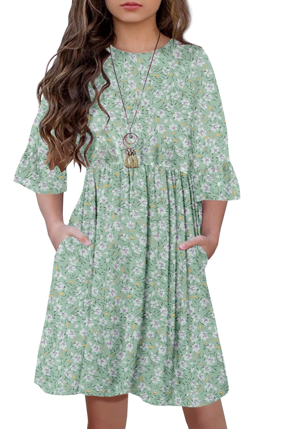 HOSIKA Girls Bohe Floral Dress Empire Waist Ruffle
