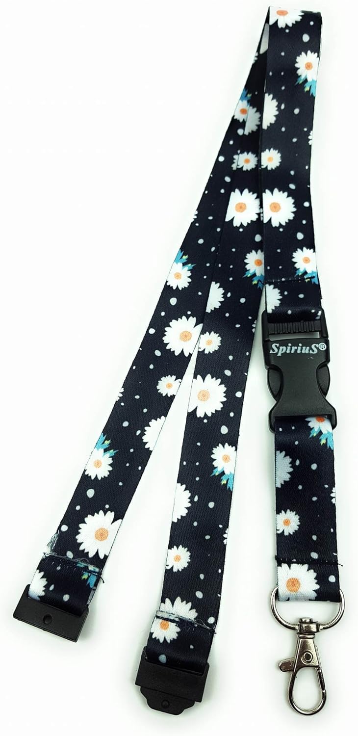 SpiriuS Breakaway Lanyard neck strap for women for id card badge holder with metal clip 2cmx43cm (daisies flowers black) - Image 5
