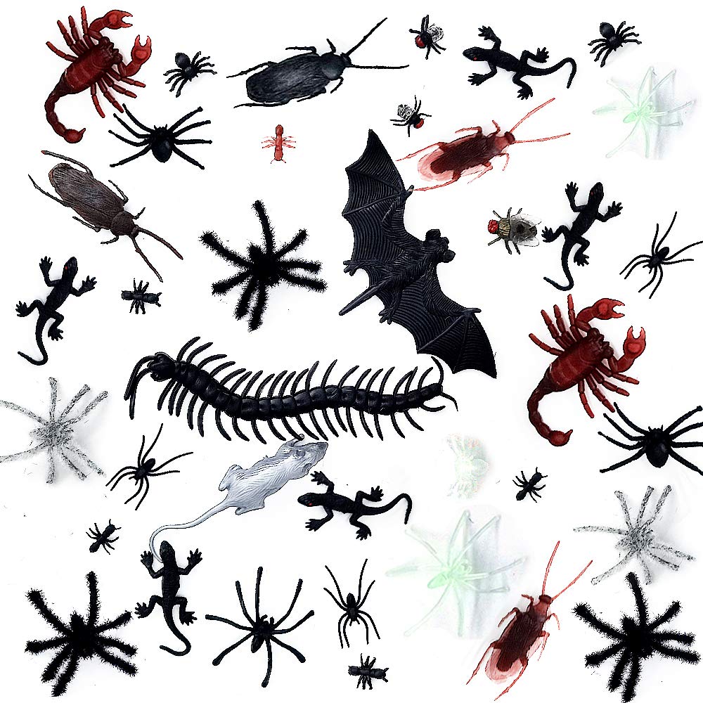 obqo Halloween Plastic Realistic Bugs, Scary Joke Trick Decorations Fake Snake Mouse Cockroaches Spiders Centipedes Scorpions Gecko Bats for Halloween Party favors April Fools Day Decorations