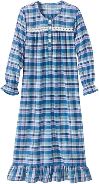 Amerimark Womens Flannel Long Nightgown Sleepwear Plaid With Long Sleeves