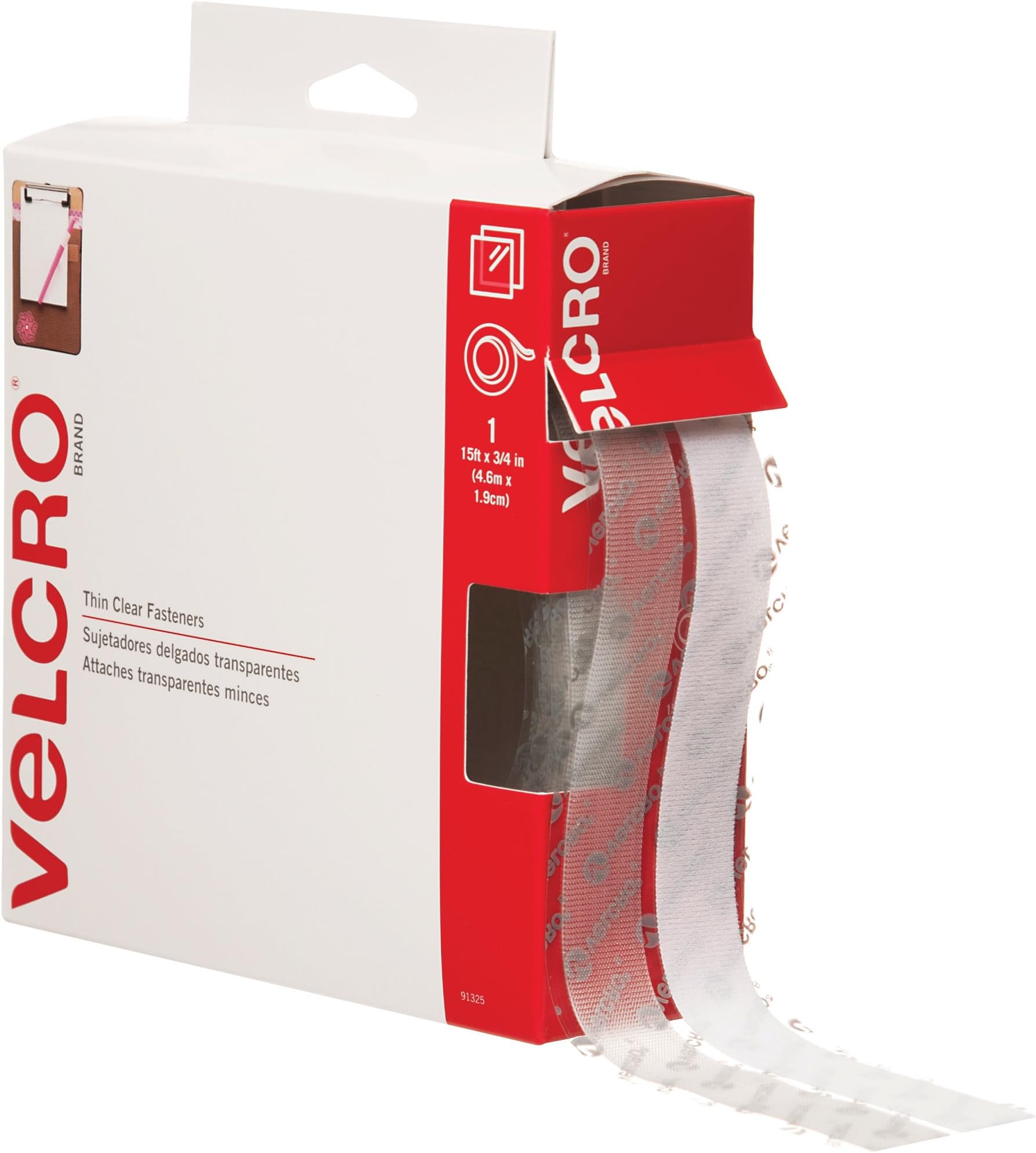 Velcro Tape (91325) Industrial Indoor/Outdoor Hook & Loop Combo Packs, 3/4" x 15', Clear (1 Per Case) for Home & Office