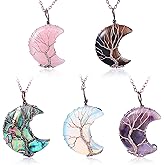Hicarer 5 Pieces Tree Life Crescent Moon Necklace Copper Wire Wrap Natural Gemstones Healing Crystal Pendant Quartz Jewelry