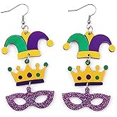 Mardi Gras Dangle Earrings for Women Colorful Glitter Acrylic Carnival Theme Crown Mask Hat Pendant Earrings Mardi Gras Party Jewelry Accessories for Women