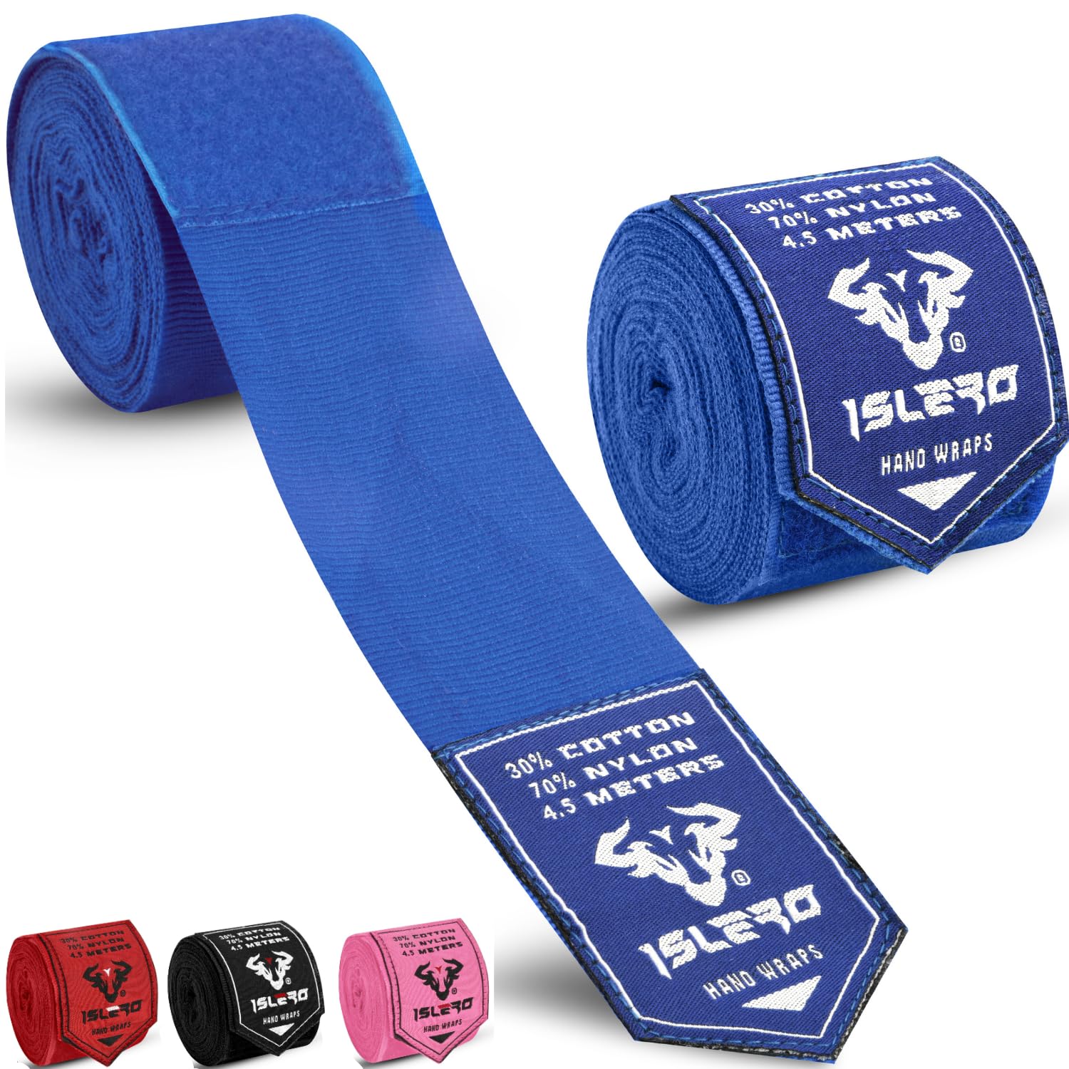 Islero 4.5m Boxing Hand Wraps Inner Gloves Elasticated Fabric Thumb Loop Bandages Straps Wrist Protection Muay Thai MMA Kickboxing Martial Arts Speed Bag Punching Training (Blue)