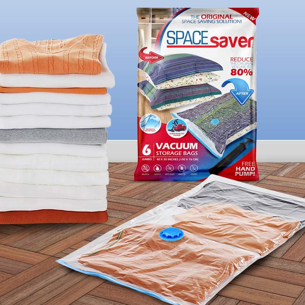 Spacesaver Premium Vacuum Storage Bags. 80% More Storage! Hand-Pump for Travel! Double-Zip Seal and Triple Seal Turbo-Valve for Max Space Saving! (Jumbo 6 Pack): Home & Kitchen