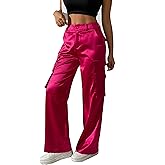 Women's Satin Cargo Wide Leg Pants Silky Party Dressy Casual Pocketed Pant Long Trouser