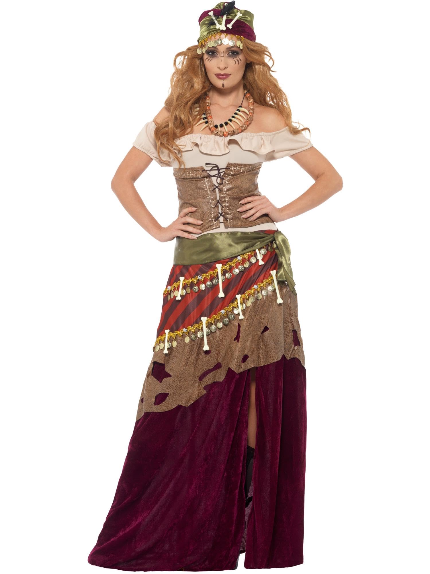 Smiffys Deluxe Voodoo Priestess Costume, Multi-Coloured with Dress, Sash, Hat & Necklaces, Halloween Adult Fancy Dress, Voodoo Woman Dress Up Costumes