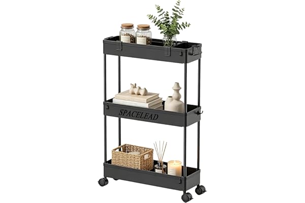 SPACELEAD Slim Storage Cart,3 Tier Bathroom Rolling Utility Cart Storage Organizer Slide Out Cart, Mobile Shelving Unit Organ
