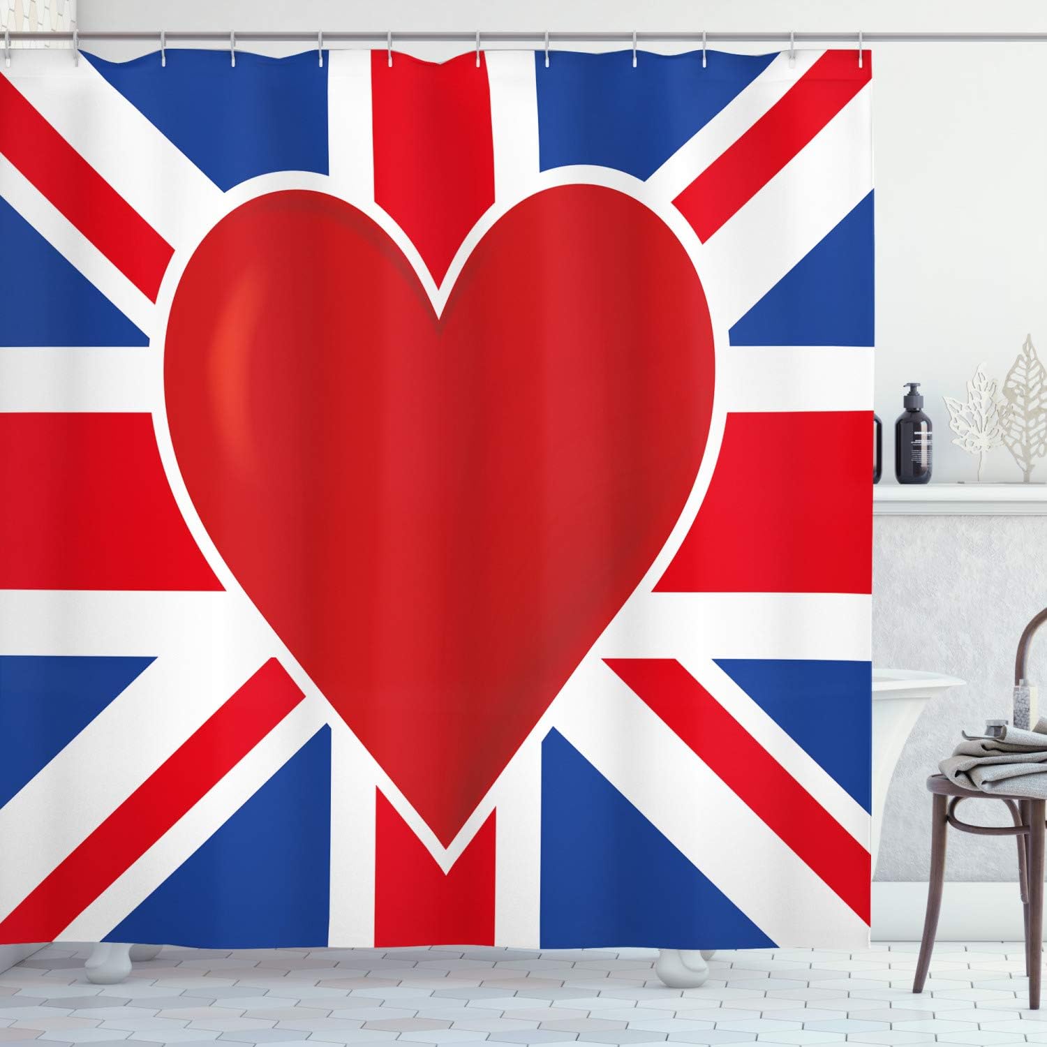 Amazon ユニオンジャックシャワーカーテンby Ambesonne イギリス国旗with A大きな赤いハートinセンター国籍pride概念 ファブリックバスルームdecorセットwithフック ロイヤルブルーレッドホワイト 69 W By 84 L Sc Extralong シャワーカーテン ホーム
