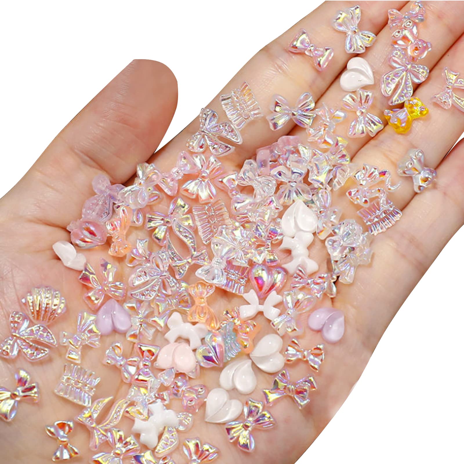OTKARXUS Aurora Bow Nail Charms, 100pcs Mixed Designs Resin Nail Art Decorations for Women Girls, Heart, Bow, Bear Shapes