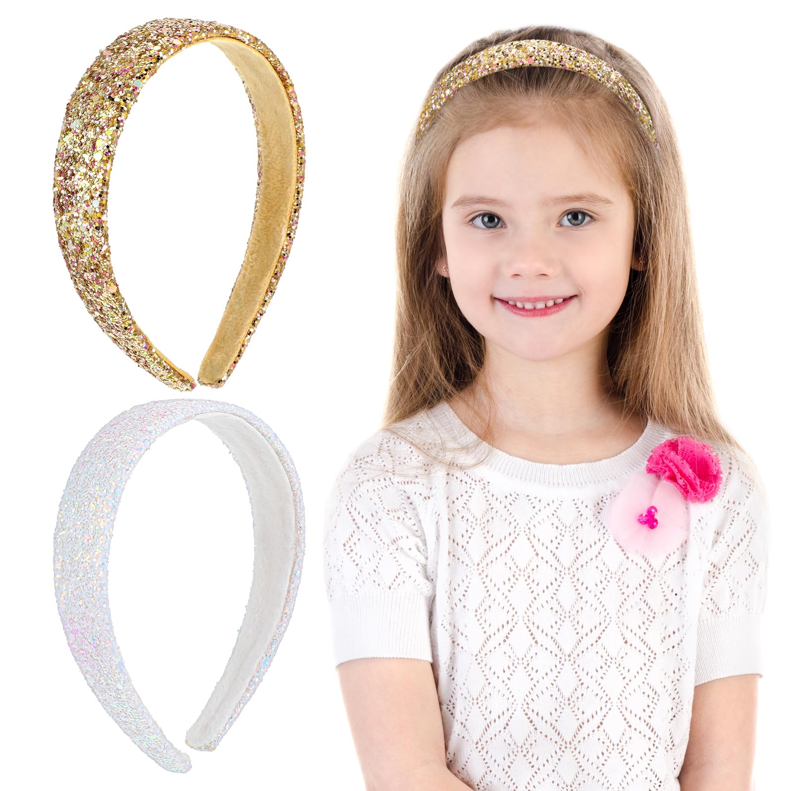 COMNICO 2 PCS Glitter Headbands for Girls, Cute Sparkly Wide Thick Head Bands Bling Non Slip Hairband Rainbow Sequin Little Girl Hair Accessories for Children Kids Women(White+Gold)