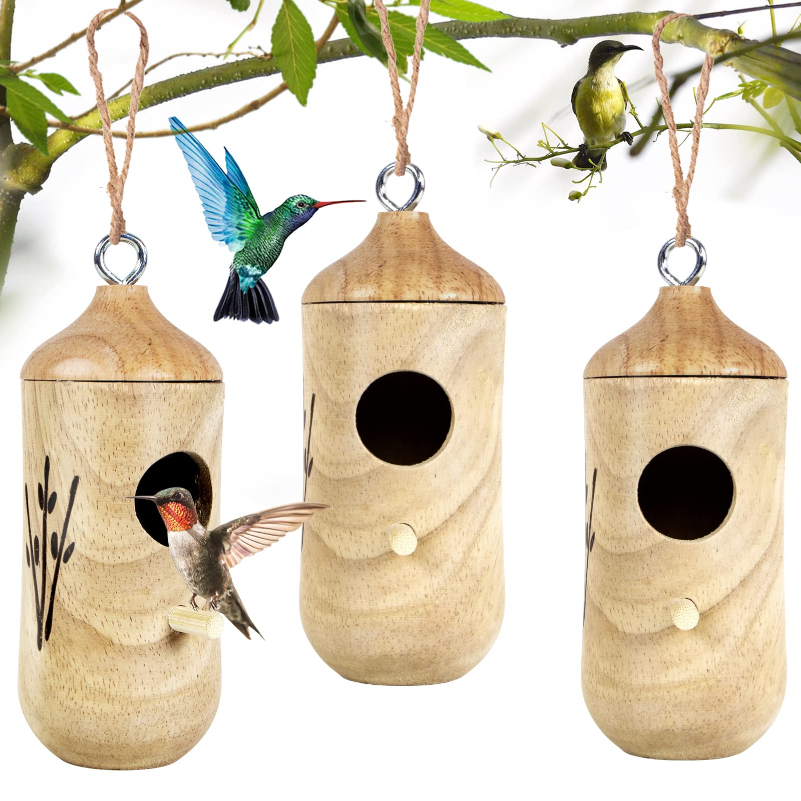 Photo 1 of Hummingbird House for Outside Hanging,Wooden Humming Bird Nest 3 Pcs with Hemp Ropes (MI3723)