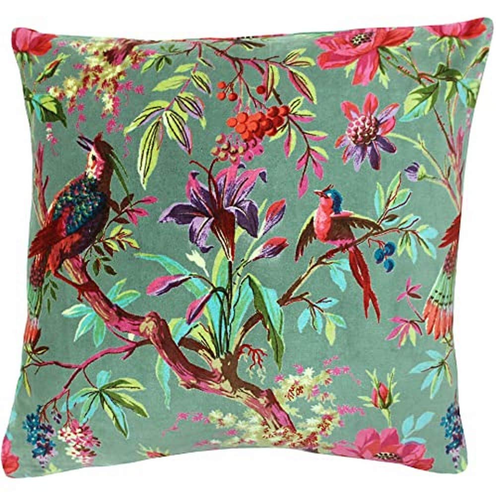 Paoletti Paradise Square Cushion Cover - Mineral Colourful Bird Print Velvet Feel Cotton Fabric (50 x 50 cm, Pack of 1)