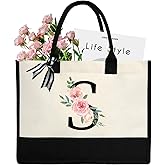 DEEZOMO Personalized Initial Canvas Tote Bag for Women, Beach Bag with Inner Zipper Pocket for Wedding, Birthday, Holiday