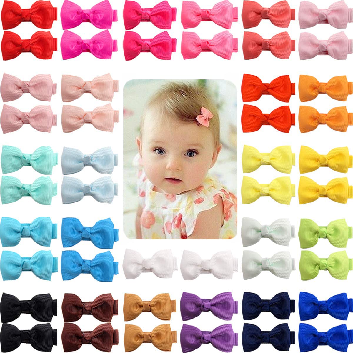 JOYOYO 50 Pcs Baby Hair Clips Full Ribbon Covered Safe Clips - Craft 2 Inch Small Hair Bows for Toddlers Fine Hair Bright Colors