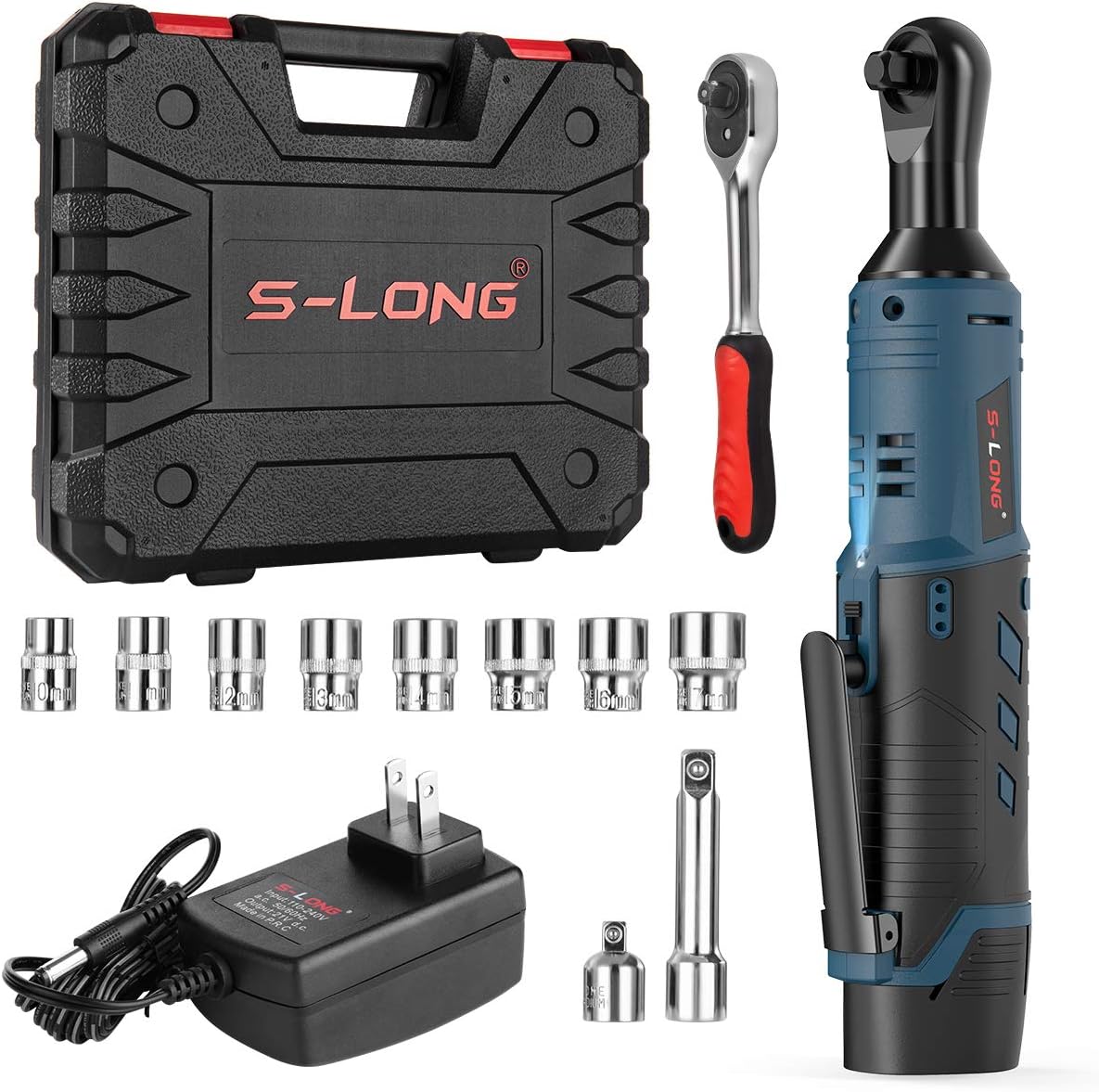 S-LONG 3/8" Cordless Ratchet Wrench 12V Power Electric Wrench Driver with 10 Sockets 2000mAh Lithium-Ion Battery and Charger
