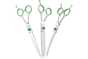 PURPLEBIRD 7 Inch Straight Downward Curved Dog Grooming Scissors Set Professional Pet Cutting, Chunker Shears Safety Noiseless Blunt Tip Trimming Shearing for Dogs Cats Japanese Stainless Steel Silver