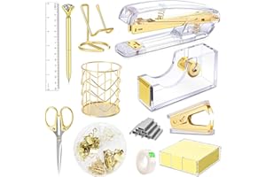 FAMASSI Gold Desk Accessories, Acrylic Stapler, Staple Remover, Tape Holder, Pen Holder, Ballpoint Pen, Scissor, Binder Clips, 1000pcs Staples, Phone Holder, Ruler, Transparent Glue and 300 Notes