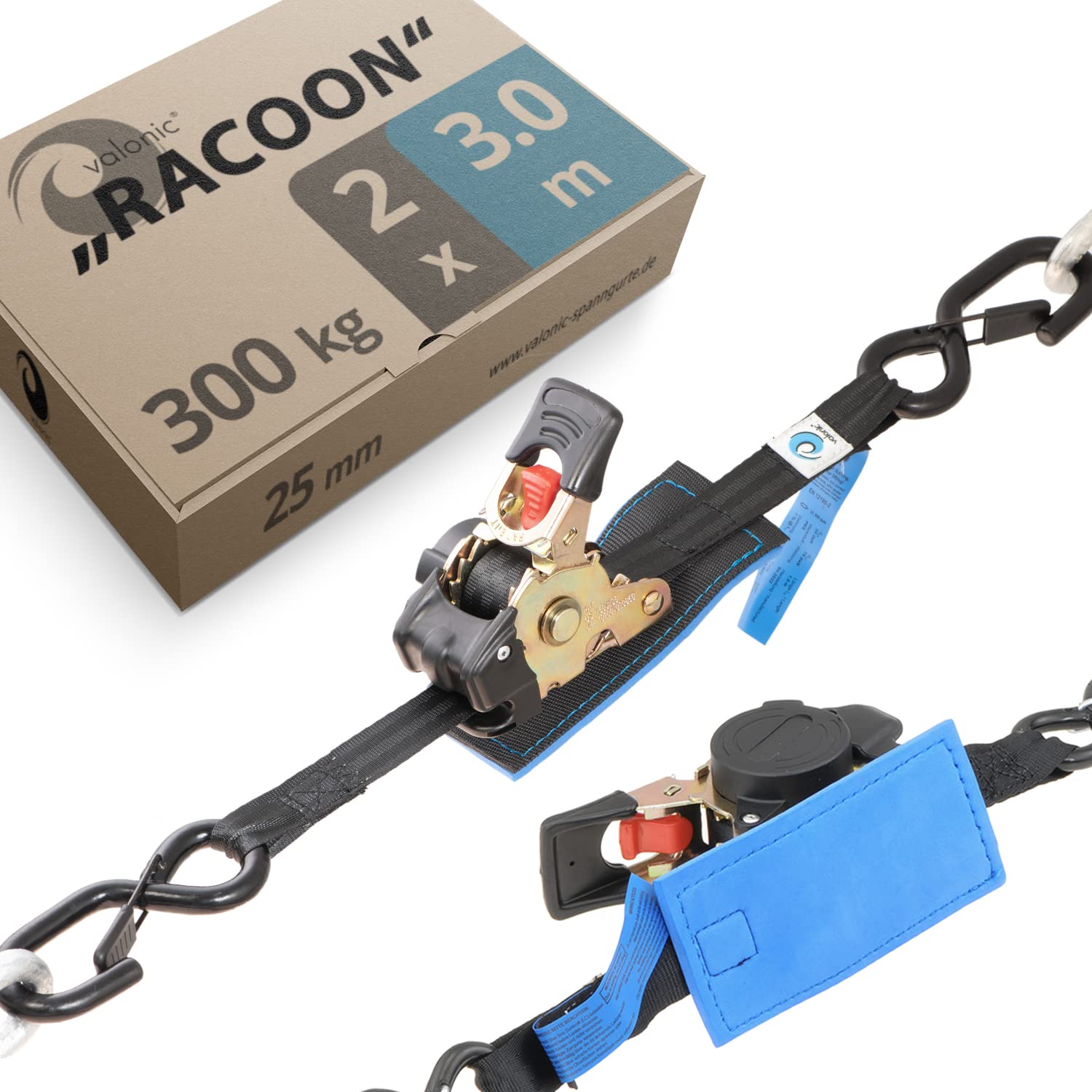 valonic RACOON - 2x 3m retractable ratchet straps with hook, 25mm, 300/600 Kg, protection pad - black tie down straps for motorcycle, motorbike