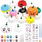 Meching 18Pcs White Artificial Pumpkins DIY Painting Kit, 2 Size | Paint Your Own Pumpkins, with Sticker Paints Palette Brush, Halloween Foam Pumpkins Crafts, Fall Activity Party Decor