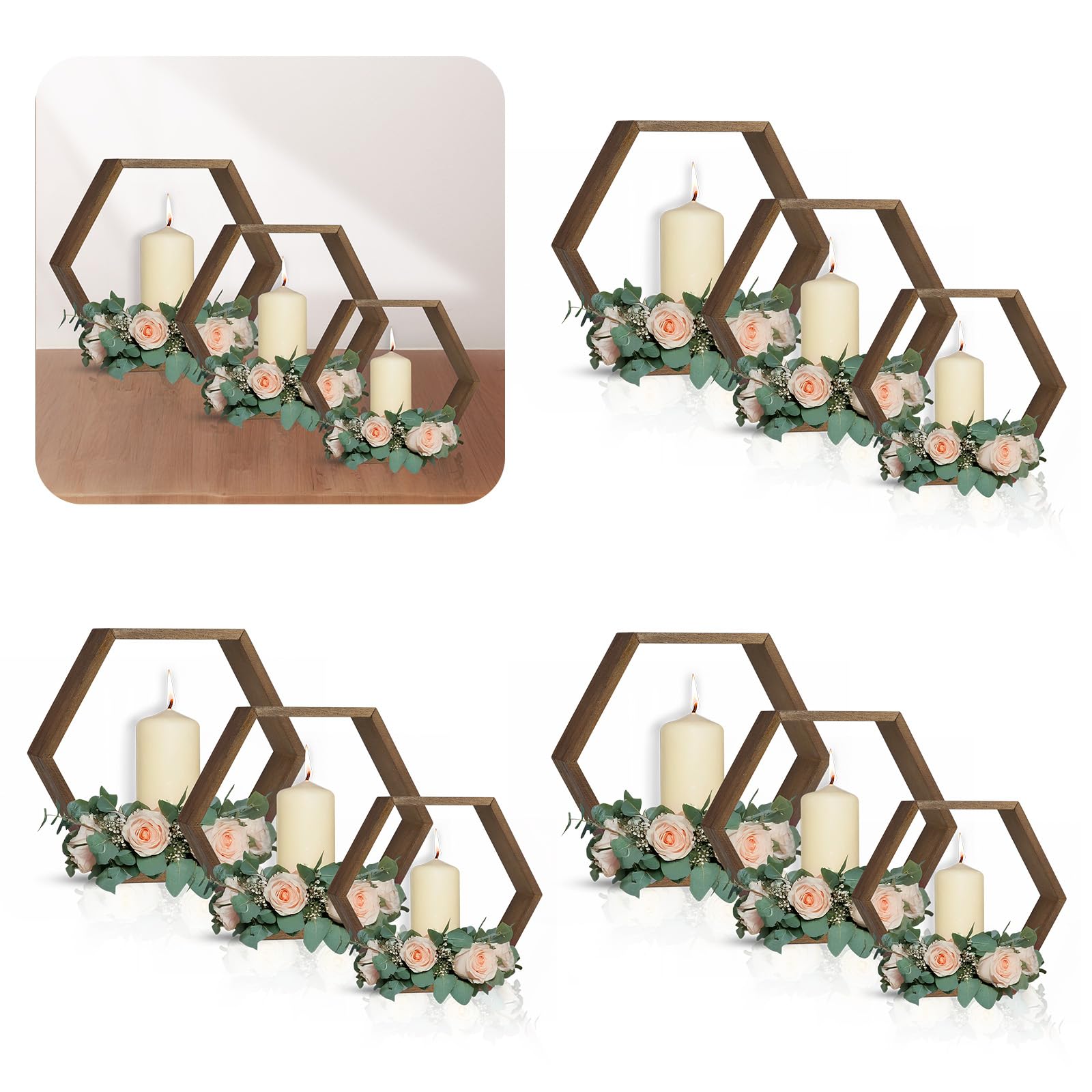 Photo 1 of OurWarm 12Pcs Hexagon Wedding Centerpiece Table Decorations, Brown Wooden Table Centerpieces for Party Event, 3 Size Honeycomb Wedding Centerpieces for Tables, Rustic Wedding Decor for Table Home Wall