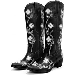 Etebella Women’s Knee High Cowboy Boots Embroidery Chunky Heel Cowgirl Boot | Floral Embroidery Long Boot, Snip Toe Western S