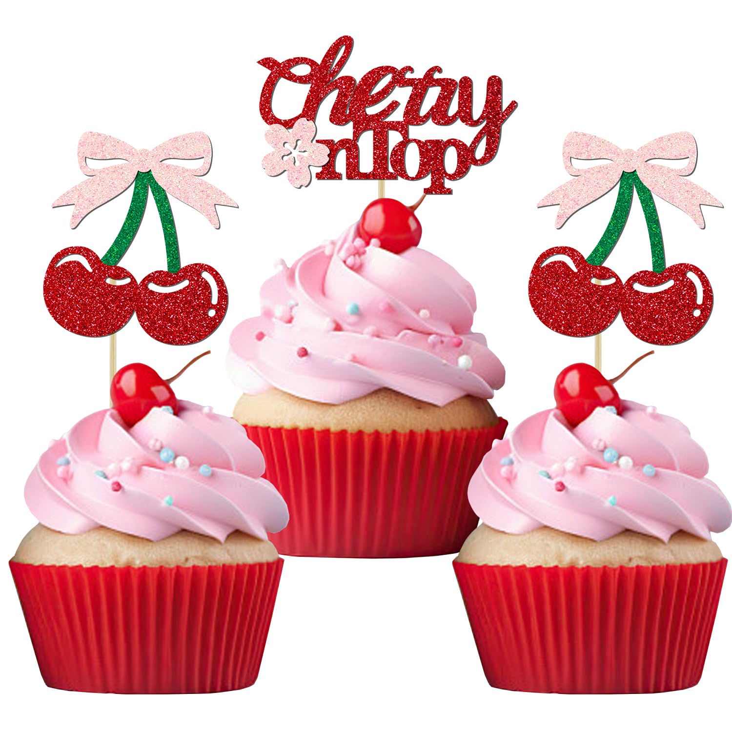 Photo 1 of 24 Pack She's the Cherry On Top Cupcake Toppers, Glitter Cherry Sweet Cake Pick for Fruits Theme Baby Shower and Bridal Shower Decorations Supplies (Top)