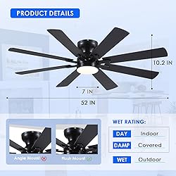 BYKISTOK Black Ceiling Fan with Light and