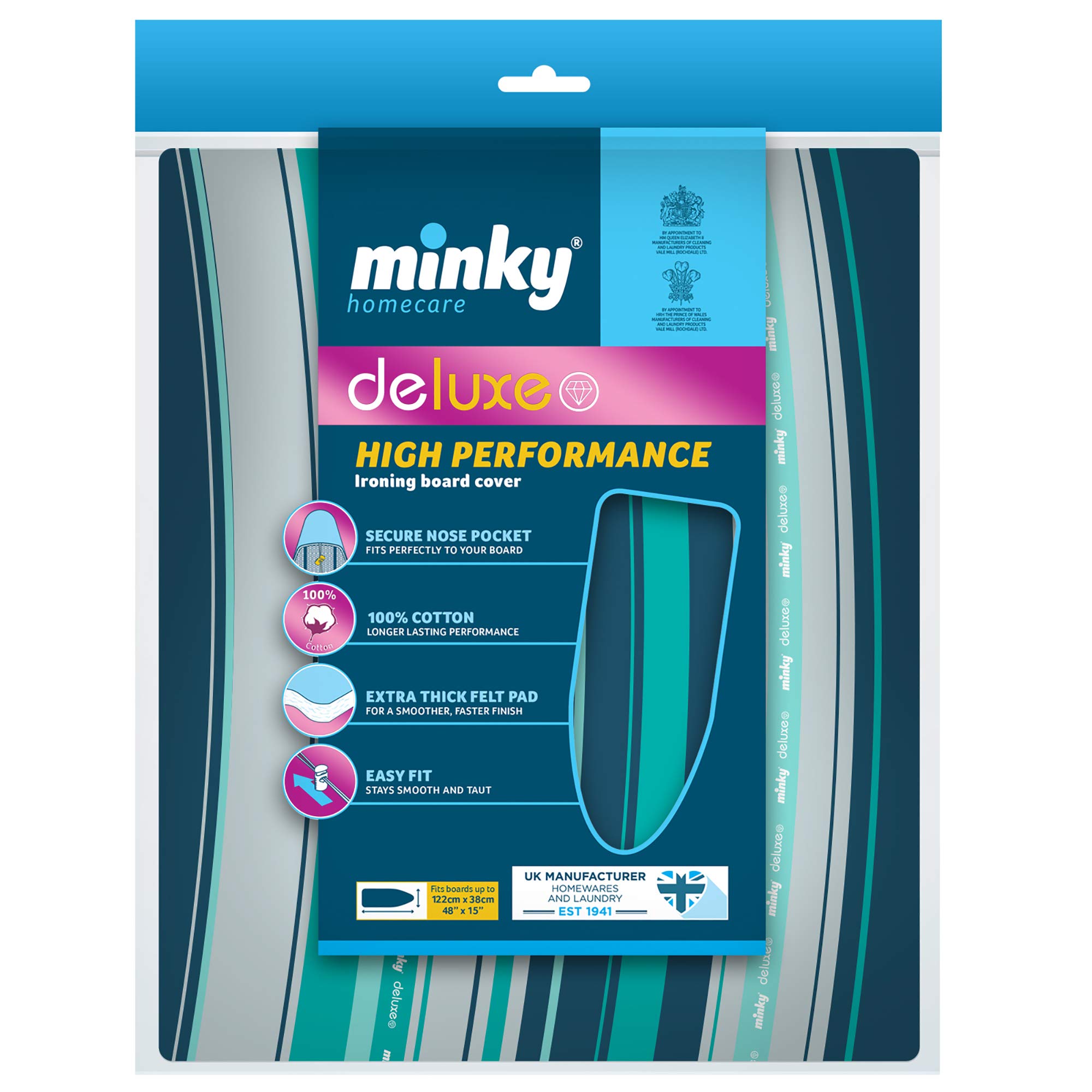 Minky Deluxe Ironing Board Cover, Ironing Board Covers 122 x 38 cm, Drawstring Ironing Board Cover, Extra Thick Felt Pad, 100% Cotton, Washing Machine Save, Made in the UK