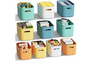 ORGIDOL 10 Pack Colorful Plastic Storage Bins, Storage Container for Organizing, Colored Storage Boxes with Handle for Shelves, Cute Organizer Bins for Craft, Snacks, Cabinet, 9.69x6.7x5.7 inch