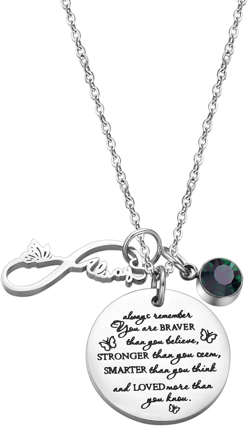 Fullrainbow You are Braver Than You Believe Stainless Steel Birthstone Necklace Gift for Girls