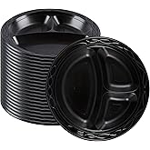 RW Base 9 Inch Microwavable Food Plates, 100 Round Plastic Plates - 3 Compartments, Disposable, Black Plastic Dinner Plates, Serve Hot And Cold Foods, For Restaurants And Cafes - Restaurantware