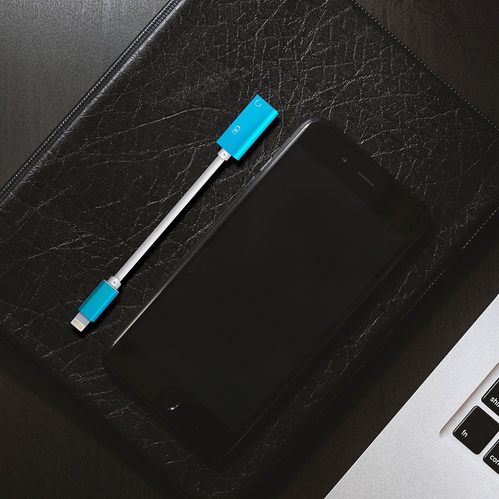 iPhone Dual Lightning Adapter Splitter - Power Trend 2 in 1 Earphone Adapter for iPhone X 7 8 Plus Headphone Jack Audio Music Calling Sync Charging Cable (Blue)