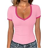 Sampeel Short Sleeve Shirts for Women V Neck Summer Ribbed Tshirts 2026 Slim Fit Spring Fashion Going Out Basic Tees
