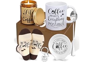 iAOVUEBY Coffee Gifts, 6PCS Coffee Gift Basket, Coffee Lover Gift Set Includes Coffee Mug Spoon Rest Holder Coffee Socks Keyc