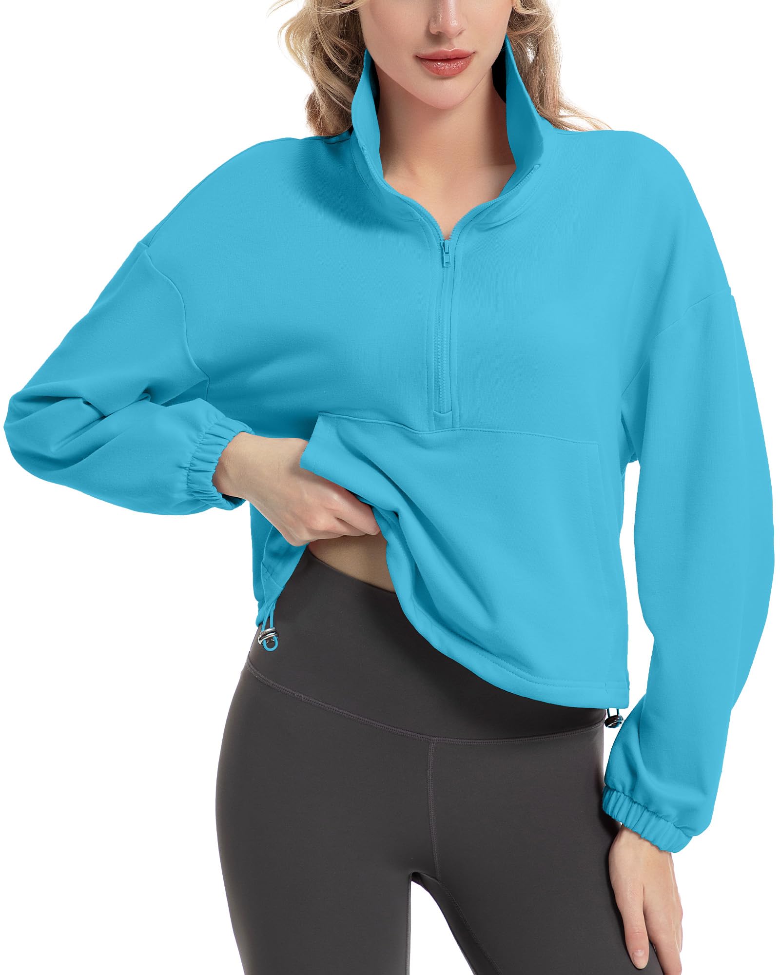 FKEEP Quarter Zip Pullover Women Cropped Sweatshirt Long Sleeve Crop Top Stand Collar Drawstring Casual Pullover zBlue XL