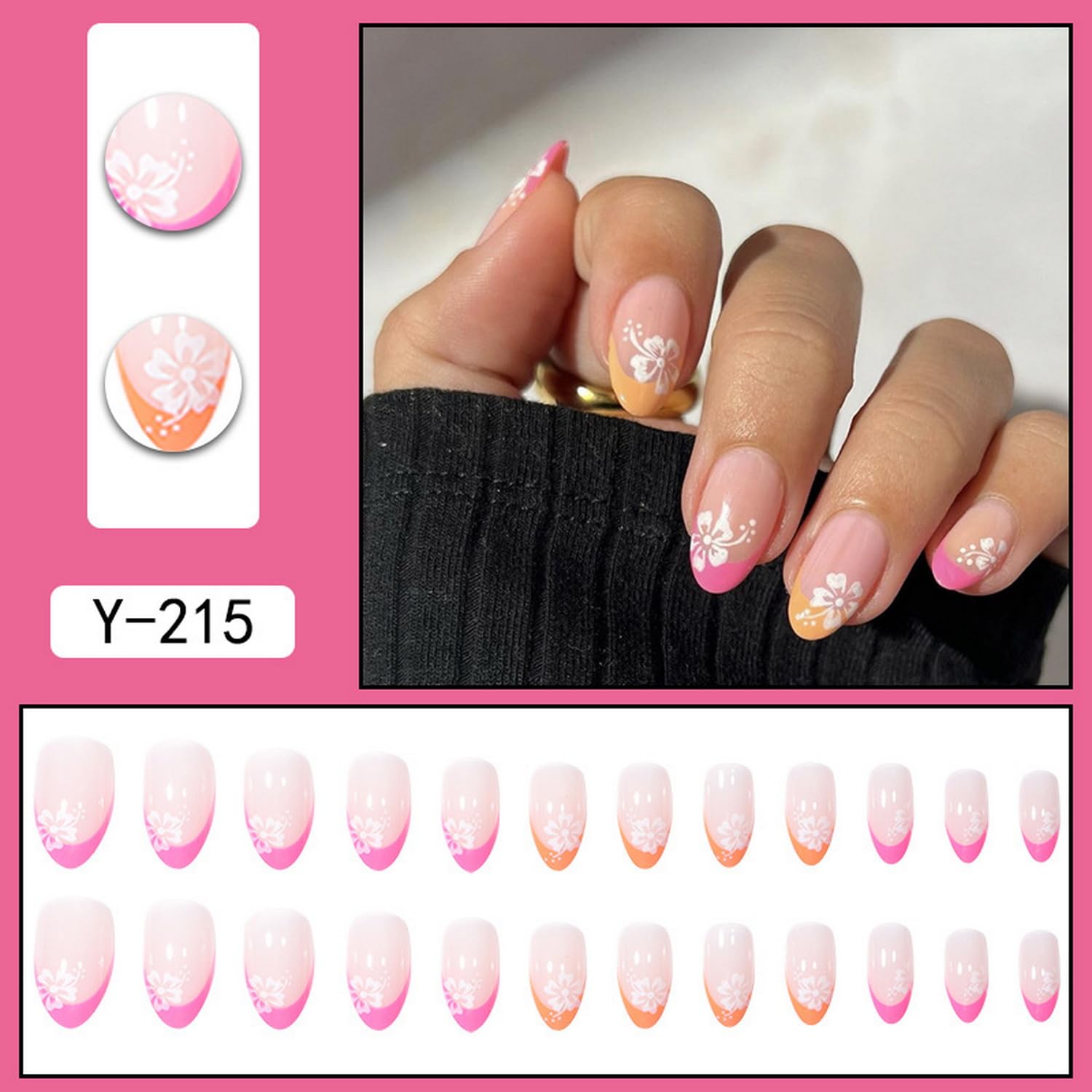 Press on Nails Almond False Nails Full Cover with Flower Designs Acrylic Nails Short French Tip Sticks on Nails for Women Girls Nails Supplies Decorations 24pcs - Image 2