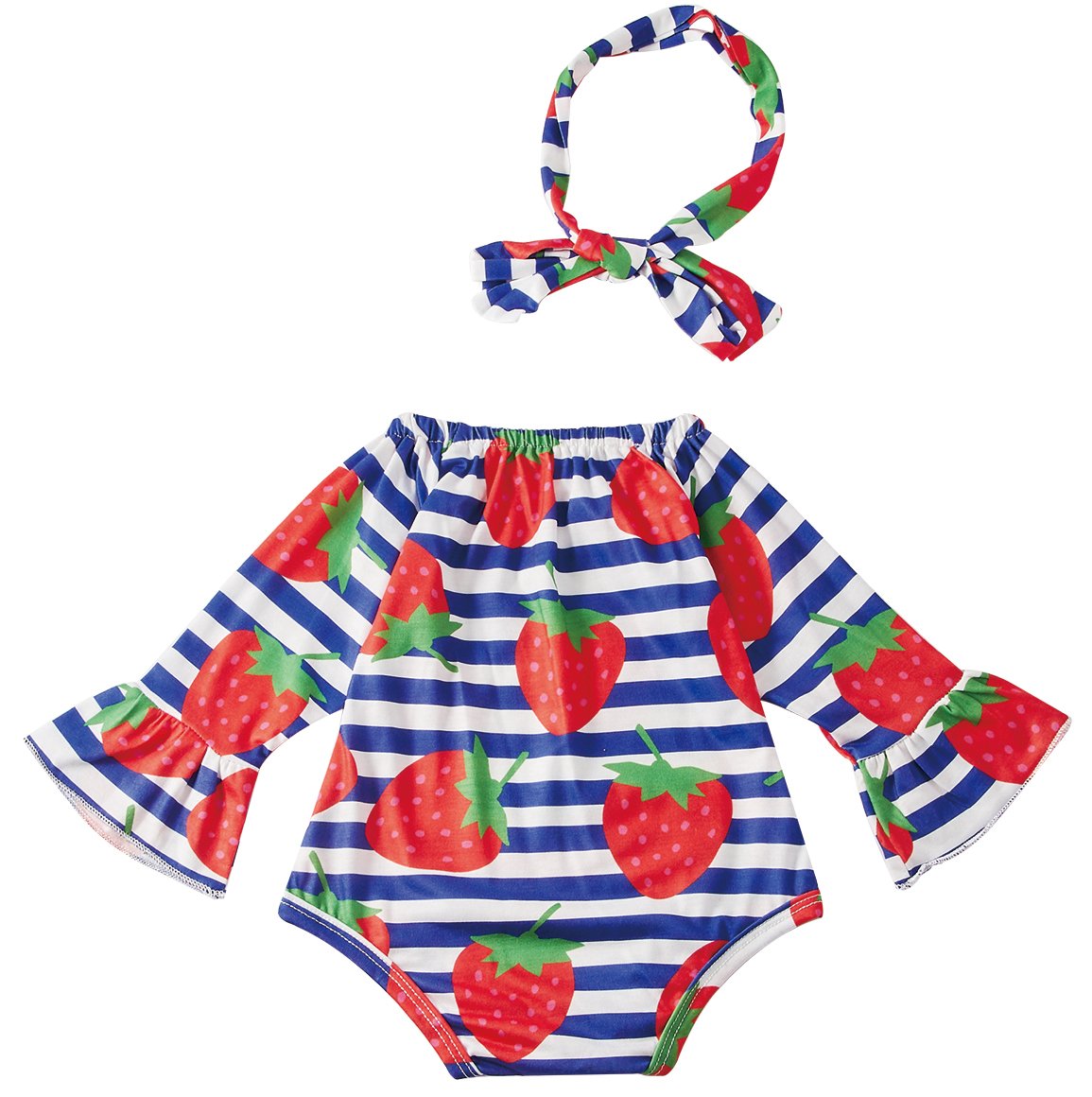 Leapparel Vintage Jumpsuit Long Sleeve Boy Summer Outfit Baby Girl Whlte and Blue Stripe Dress Button Tops, Strawberry, 6-12 Months/Size 80