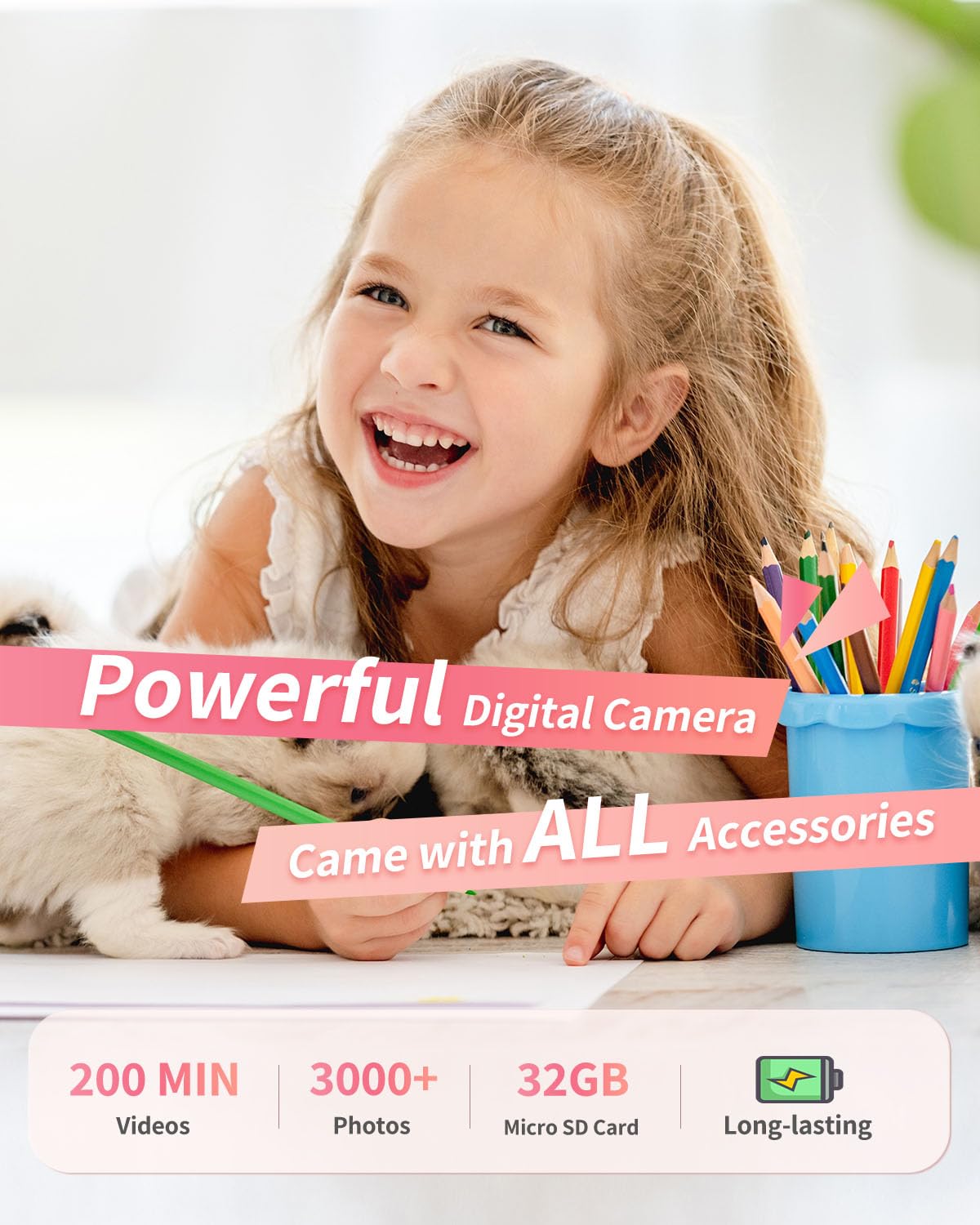 Digital Camera, FHD 1080P Point and Shoot Kids Camera, with 32GB Card, 2 Batteries, 16X Zoom Anti Shake Date Stamp, Compact Portable Small, for Starter Kid Children Teen Student Girl Boy(Pink)