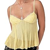 ICNGLKSND Women Y2K Sleeveless Mesh Cami Low Cut Spaghetti Strap Lace Trim Sexy Crop Top Sheer Flowy Beach Tops Pleated Tank