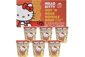 PRINCE KATSU Hello Kitty Instant Ramen Noodle Cup | 6 Pack | Hot and Sour Flavor | Premium Microwaveable Ramen Soup Mix, Asian Snacks