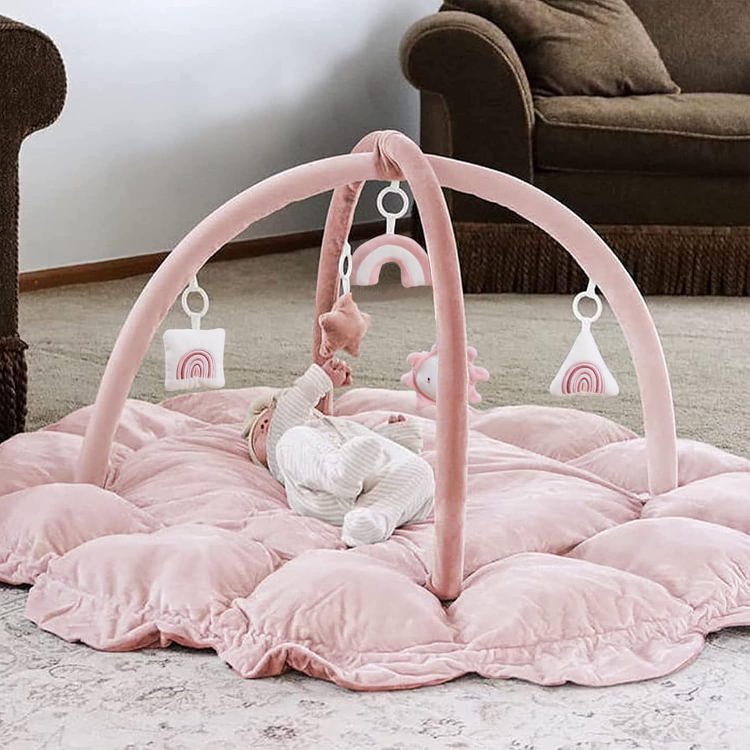 Photo 1 of 5-in-1 Thick & Plush Baby Play Gym, Baby Play Mats for Floor, Tummy Time Mat with 6 Toys, Cat Bed Dog Bed, Convertible Stage-Based Developmental from Babies to Toddlers, Ball Pit, Pet Cushion Cloudico