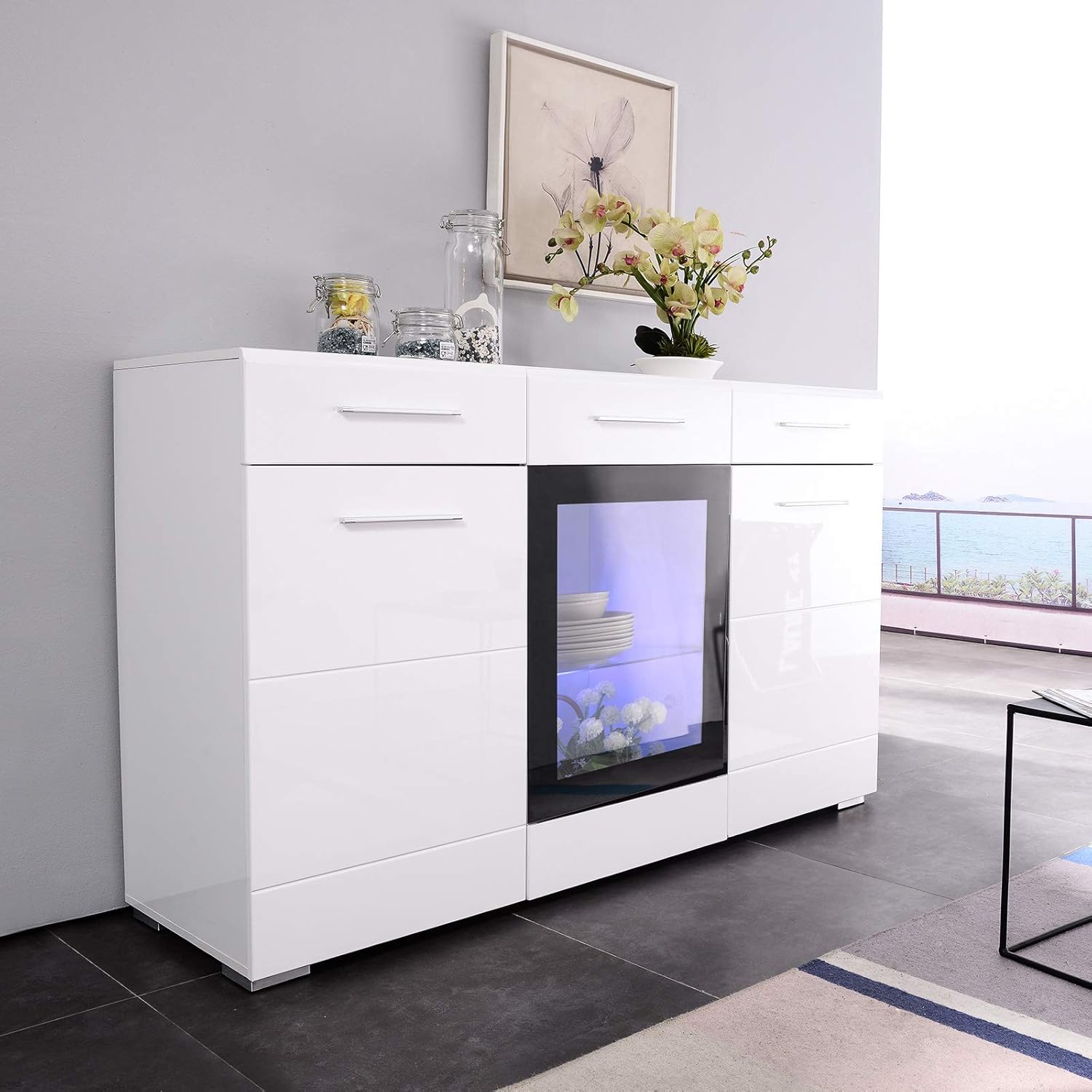 Mecor Led Sideboard Cabinet Buffet Kitchen Sideboard And Storage Cabinet Tv Stand High Gloss Led Dining Room Server Console Table Storage With 3 Door 2 Drawers White Amazon In Home Kitchen