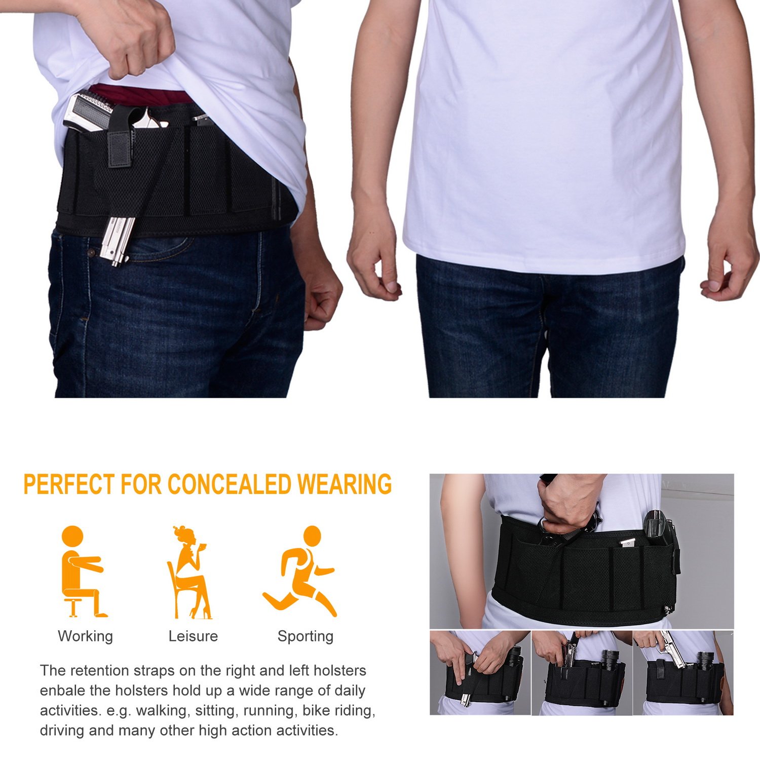 Fullmosa Concealed Carry Holster, Mi Belly Band Holster for Handgun, Elastic Hand Gun Holder Waist Holsters Pistols Revolvers IWB Holster with Mag Pouches, Back Draw -B-L