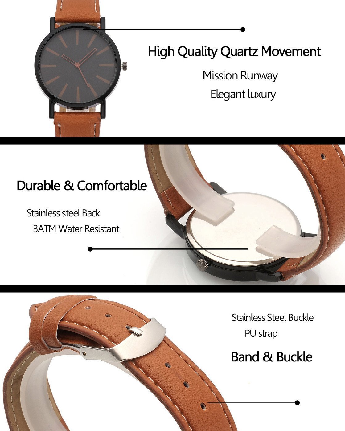 Top Plaza Mens Womens Analog Quartz Wrist Watch Fashion Simple Watch with Black Leather Band Large Face